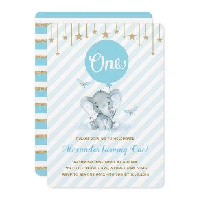 Blue Gold Elephant 1st First Birthday Twinkle Star