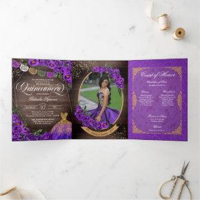 Charro Purple Roses Country Add Photo Quinceañera Tri-Fold