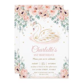 Swan Princess Blush Pink Floral Gold 1st Birthday